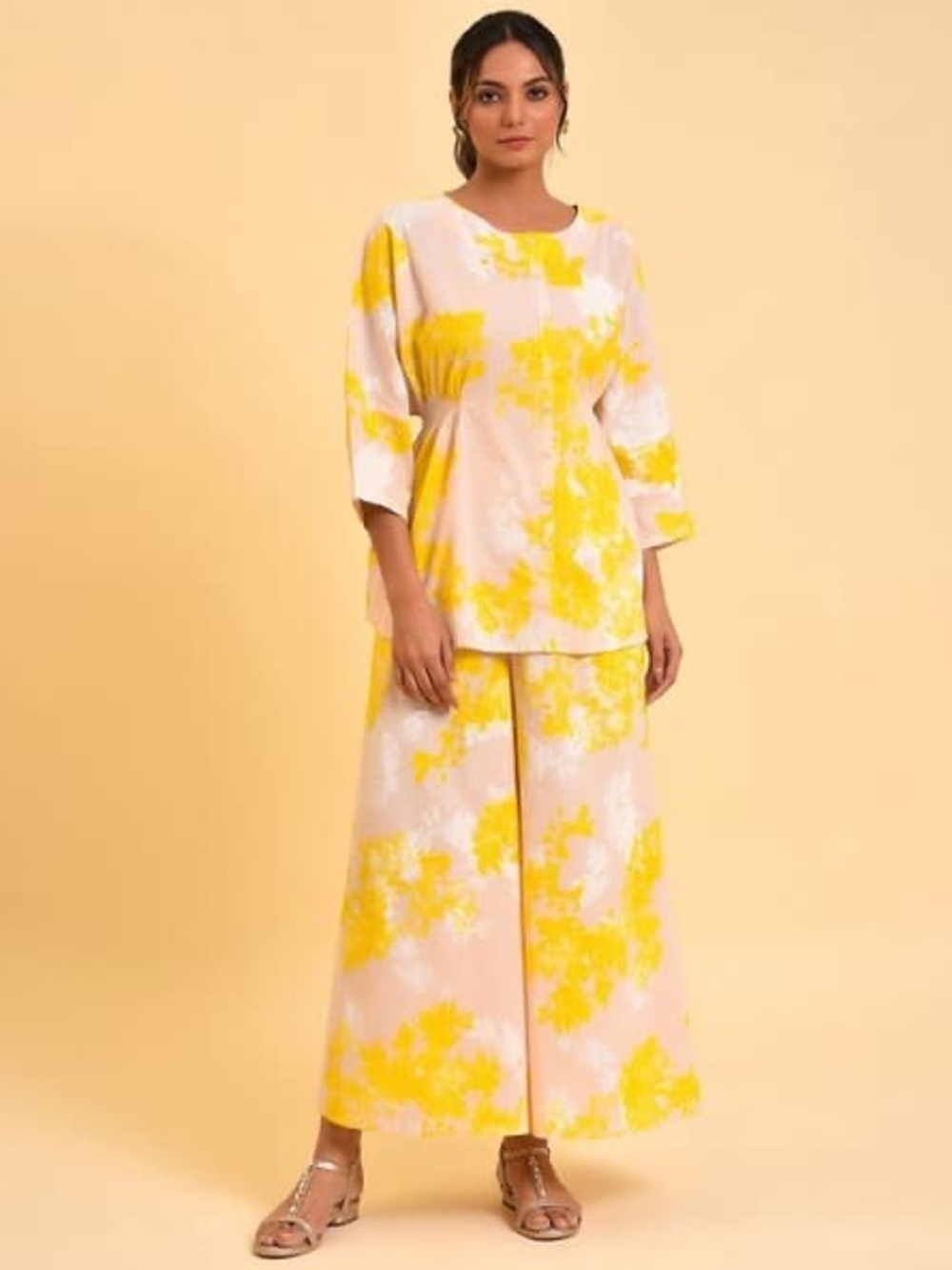 W for Woman Aurelia Pink Floral Printed Top & Flared Pants 100% Cotton - Size 12